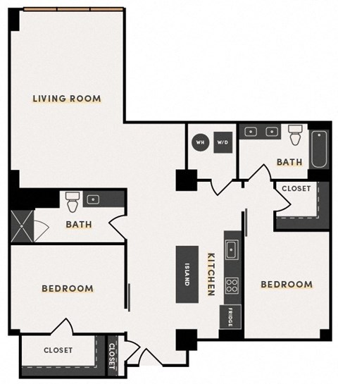 Floor plan for 2 beds, 2 baths, 1336 sqft